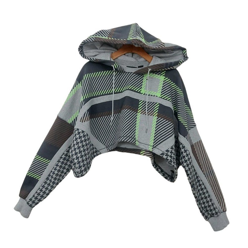 Adidas Ivy Park Halls of Ivy Cropped Hoodie Womens XS Plaid Houndstooth Cotton